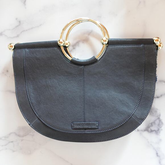 Vince Camuto Elia Fringe Denim Satchel Blue Ink Boho Leather Gold Bracelet Bag - Picture 3 of 13